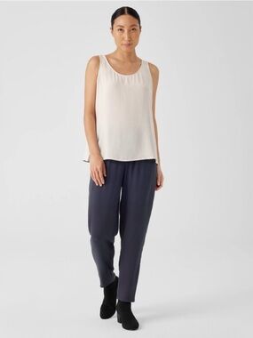 Eileen Fisher Bone Beige Cream Silk Georgette Crepe Scoop Neck Tank Top Blouse